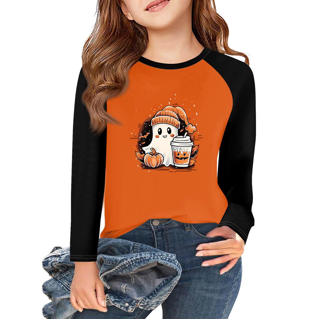 Футболки с длинным рукавом для девочек на Хэллоуин, детские осенние топы с круглым вырезом, базовые футболки 5-14 лет