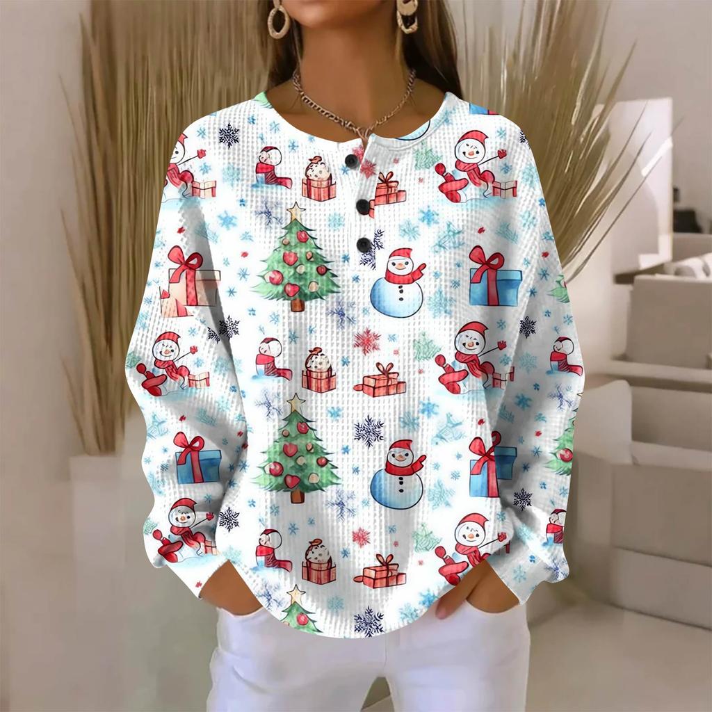Women's Fashionable Casual Christmas Print V-Neck Long-Sleeved Button-Down Blouse