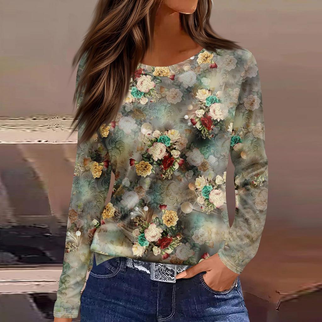 Женская Мода Повседневная Футболка с Разрезом по Подолу, Круглым Вырезом, Длинным Рукавом, Свободная, с Принтом, Женский Топ, Топы для Женщин, Женские Топы и Блузки