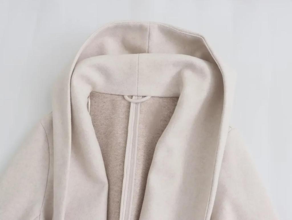 2024 Spring European & American Women's Solid Color Hooded Mid-Length Belted Woolen Coat