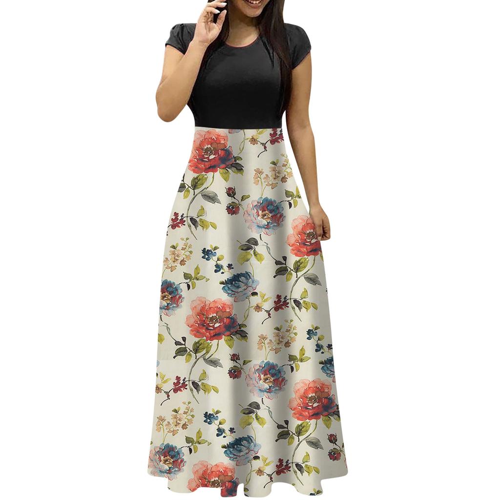 Women's Fashion Casual Loose Printed Round Neck Short Sleeve Long Dresses
