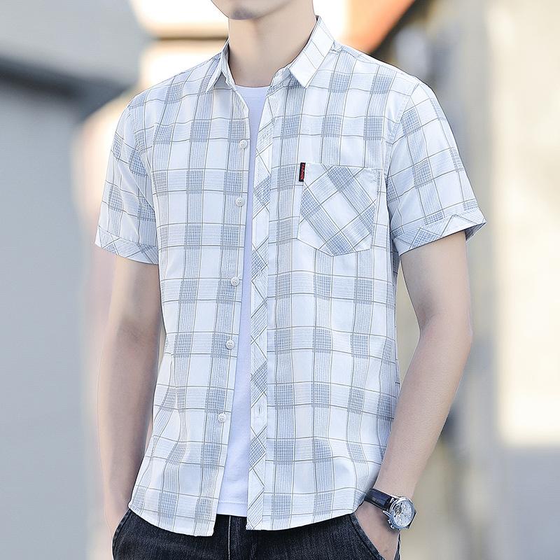 Новая летняя мужская рубашка с короткими рукавами и карманами, трендовая повседневная рубашка без железа, мужская клетчатая рубашка в дюйм, прилив