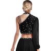 Womens Lyrical Dance Top Asymmetrical Sheer Mesh Long Sleeve Shiny Colorful Rhinestone Crop Top