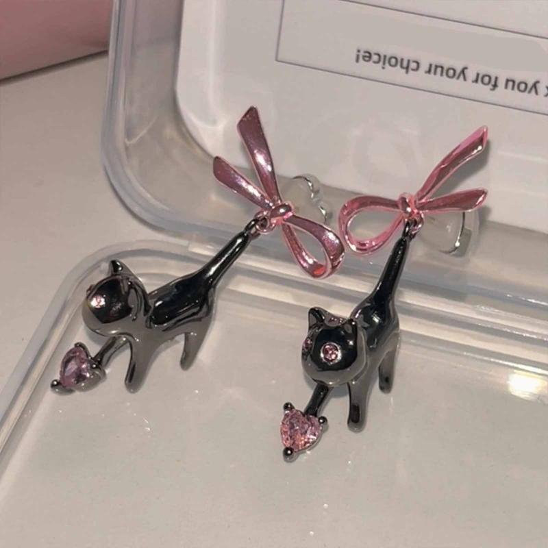 Harajuku Y2k Accessories Scare Black Cat Pink Bowknot Earring Niche Design Trend Animal Earings Jewelry for Women Girl