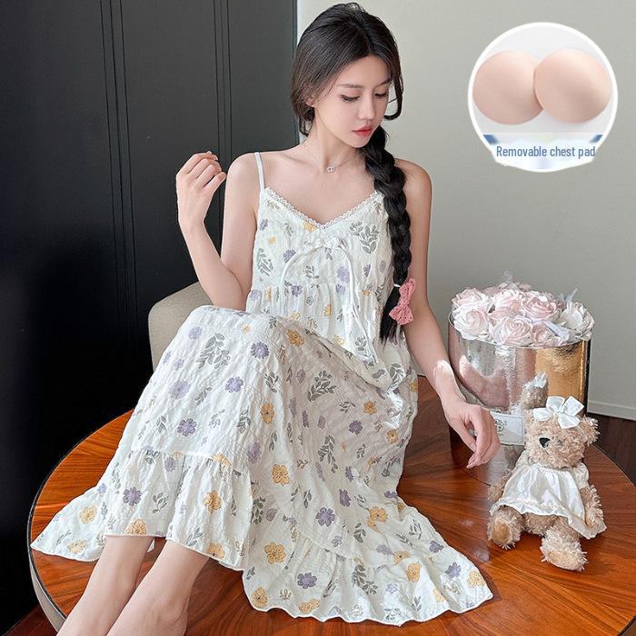 Летняя корейская ночная рубашка из тканого крепа с нагрудными подушечками - милая, тонкая, из чистого хлопка для женщин
