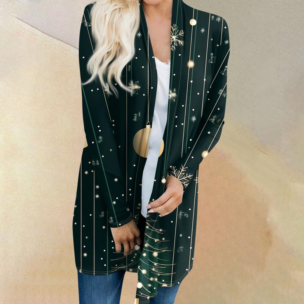 Женский модный и повседневный рождественский принтованный кардиган средней длины с длинными рукавами
