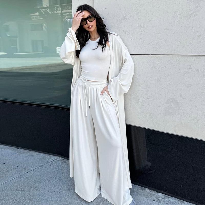 Женский комплект-тройка весна/лето 2025: Повседневное длинное пальто, майка и широкие брюки на завязках
