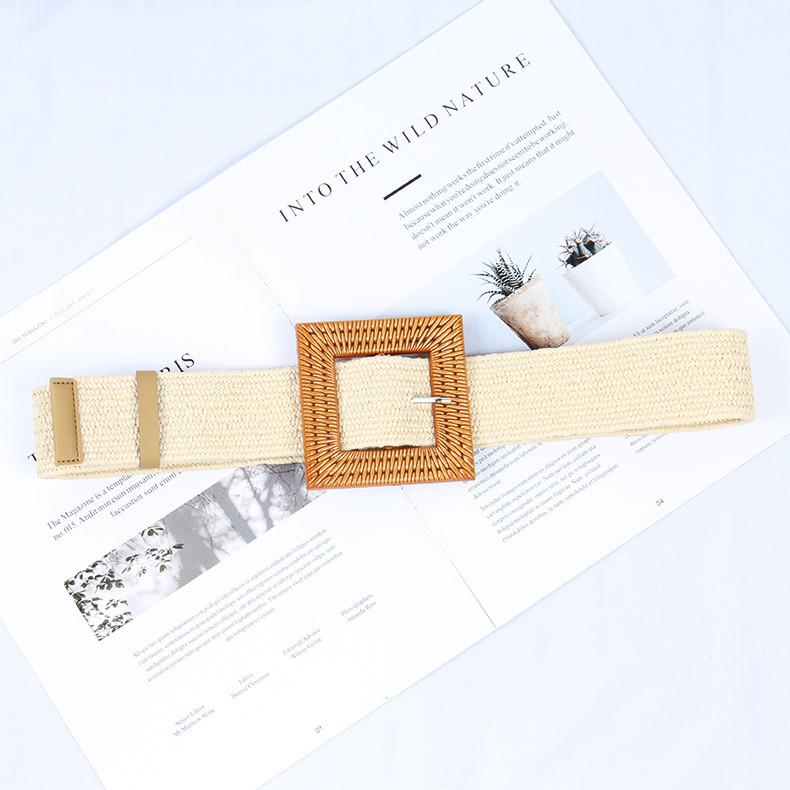 Womens Woven Cotton Linen Waist Belt With Large Round Buckle For Summer Beach Outfits