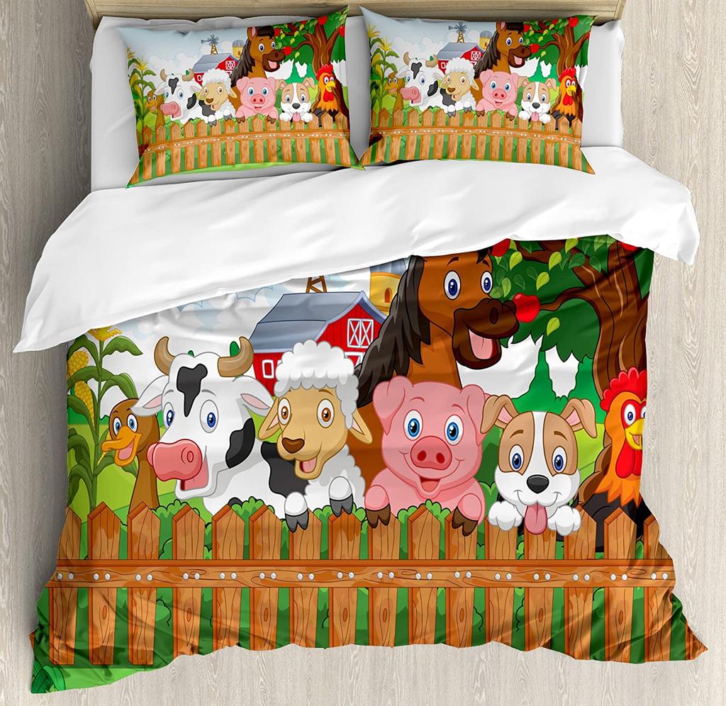 Nursery Bedding Set Comforter Duvet Cover Pillow Shams Funny Playful Jungle Animals Wildlife Mammal Bedding Cover Double Bed Set