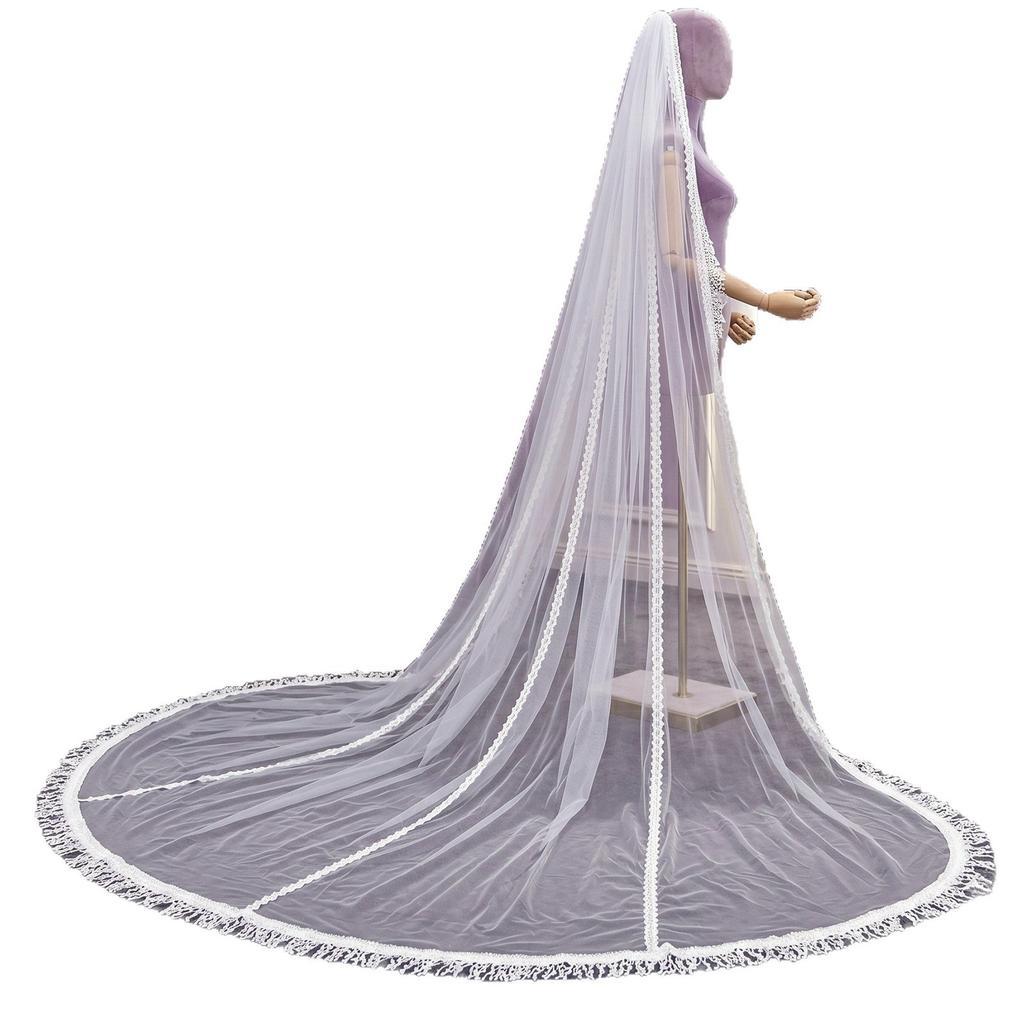 300 см Кафедральная кружевная фата с кисточками, Свадебная фата Extra Long Wide Soft Tulle с кружевной бахромой в виде слезы для невесты