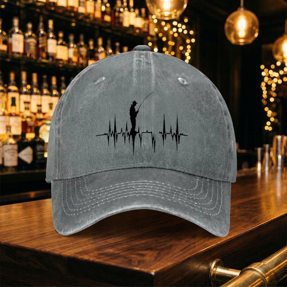Vintage Washed Baseball Cap With Ecg Fishing Print Lightweight Mens Duckbill Hat