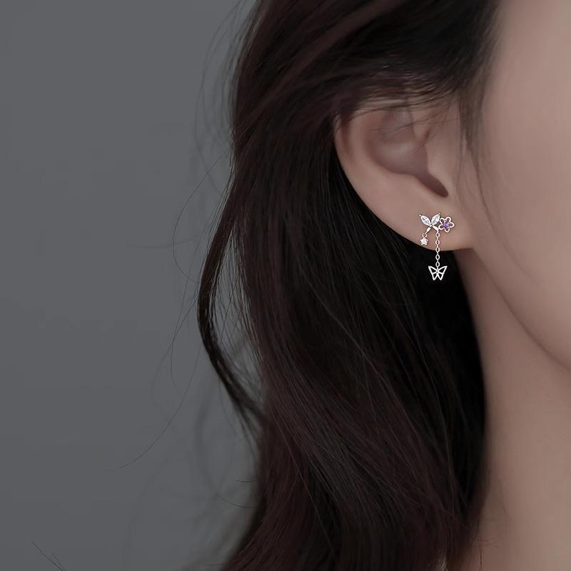 925 Silver Zircon Flower Earring for Women Girl Gift Butterfly Tassels Hollowing Out Jewelry