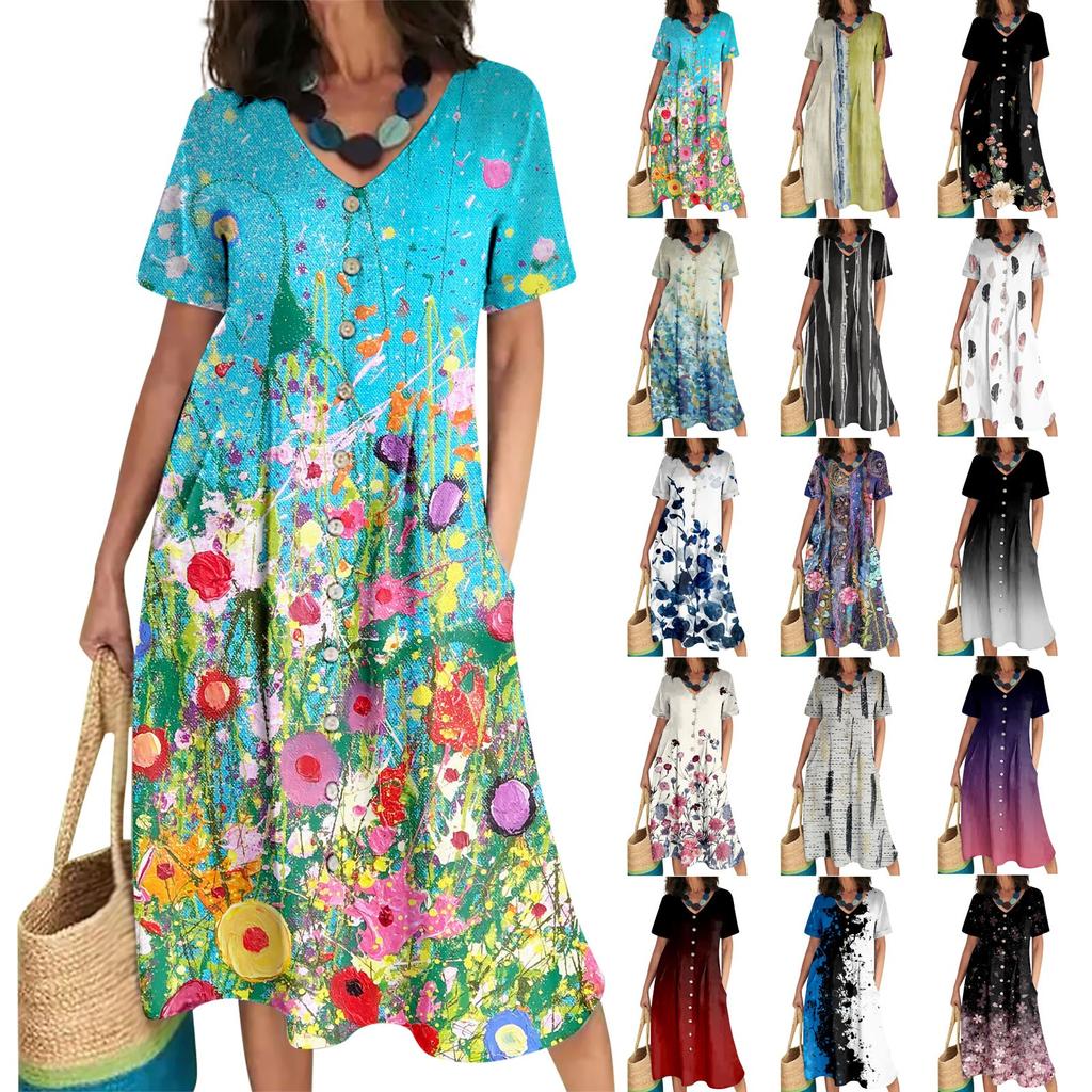 Women's Summer Casual Floral Print Button V Neck Short Sleeve Cotton Linen Dress