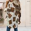 Women Plus Size Collared Neck Long Sleeve Geometric Printed Orange Blue Shirt High Low Curved Hem
