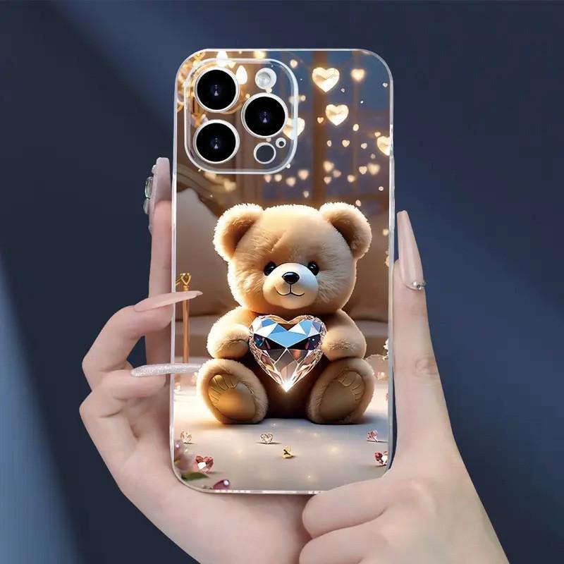 Прозрачный чехол с бриллиантовым мишкой для iPhone 16E/15/14/13/12 Pro Max/R/11