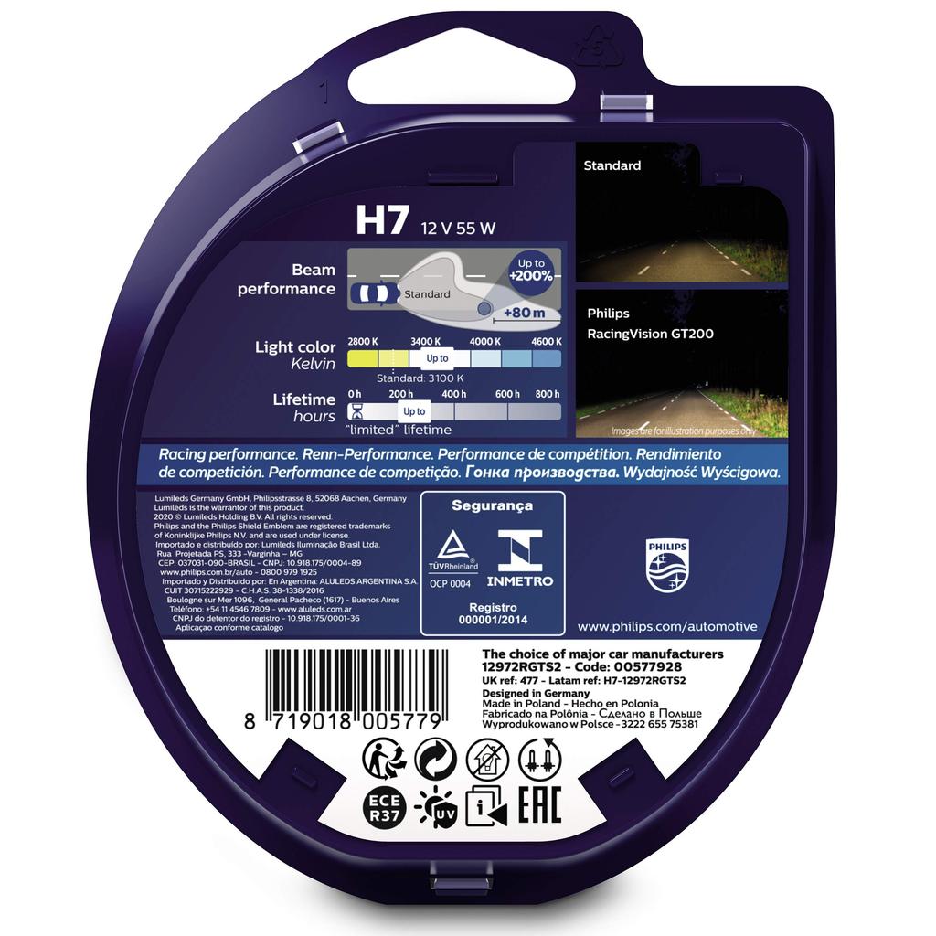 Philips Лампочка для фар RacingVision GT200 H7 + комплект 200%