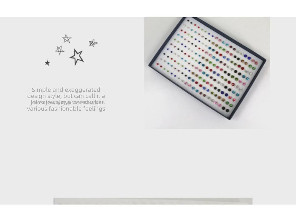 Комплект серег со стразами разных цветов и размеров (100 пар) с пластиковыми иглами, размеры 4 мм, 6 мм, 7 мм