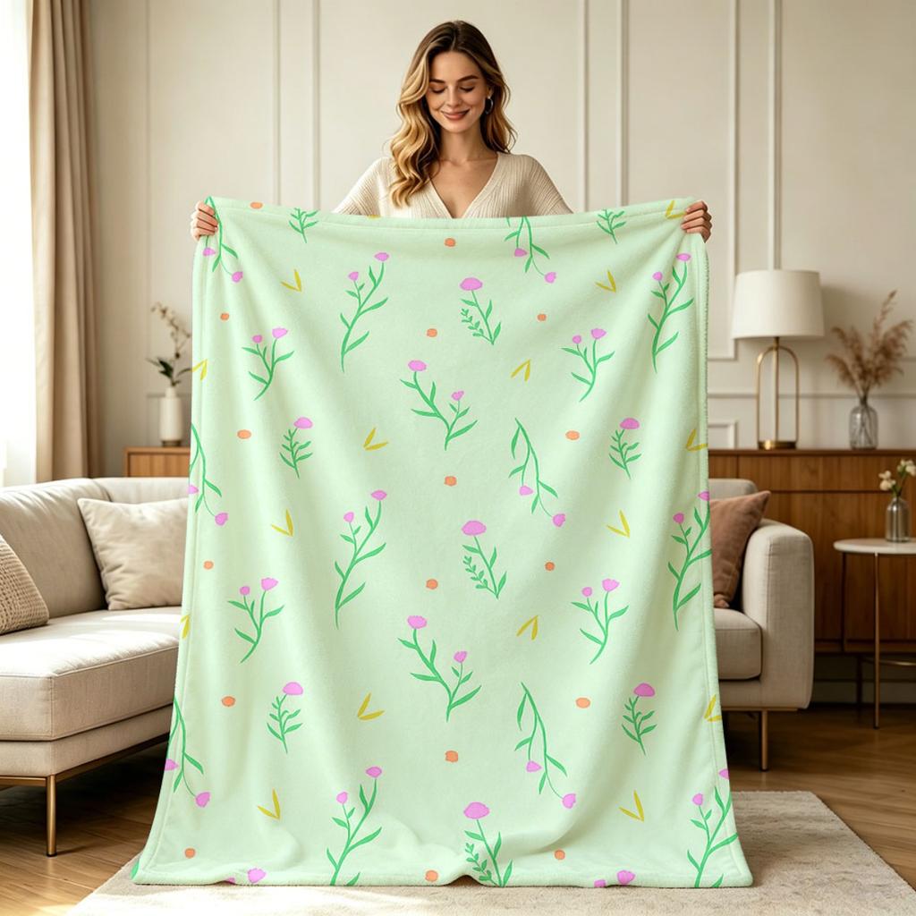 Soft Cozy Flannel Floral Print Throw Blanket All Season Light Green Wild Flower Pattern Warm Blanket for Sofa Couch Bedroom Living Room Office Home De
