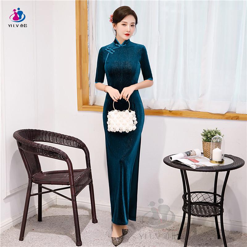 Golden velvet cheongsam autumn and winter mother wedding clothes Xi mother-in-law wedding dress elegant dress Chinese style