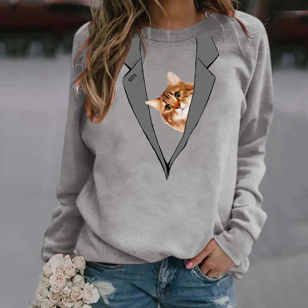 Женская пуловерная футболка с длинным рукавом и круглым вырезом, пуловер с принтом кота, блузка, нижняя рубашка
