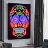 Neon Wall Art Skull Head Posters Day of The Dead Canvas Print Painting Pop Street Wall Art Picture for Home Bar Room Decor