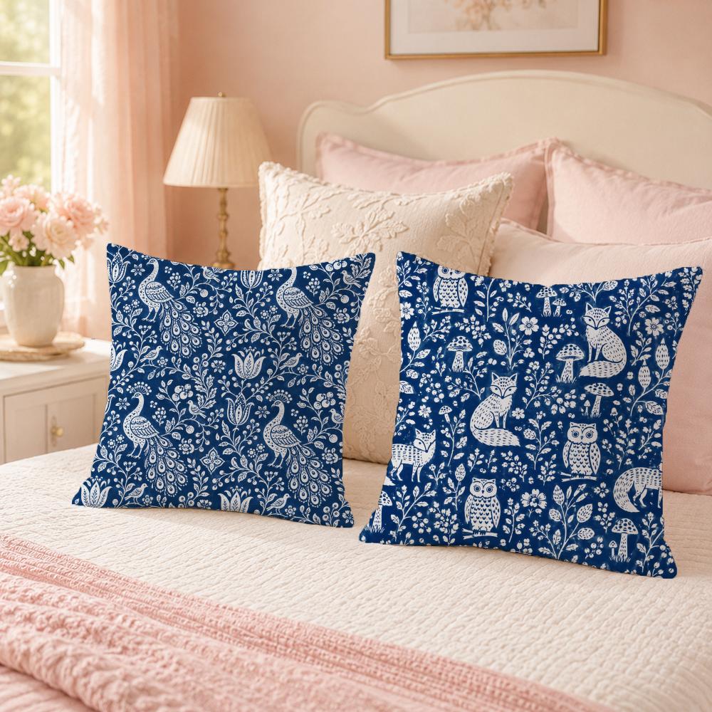 Indigo Blue Block Birds Animals Pillow Case Organic Short Plush Cushion Covers Breathable Washable Wrinkle-Resistant