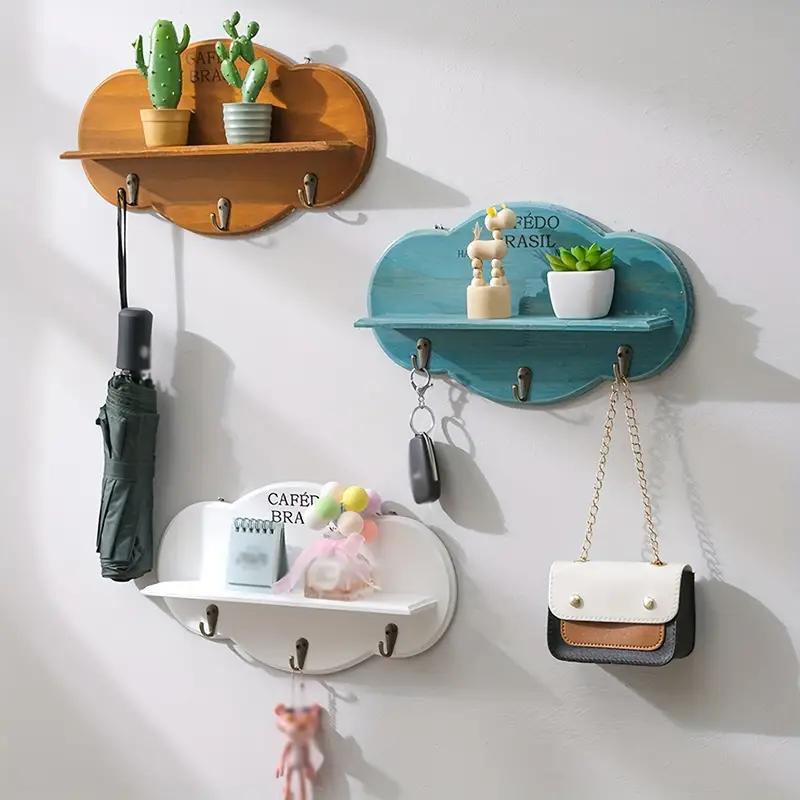 2pcs Rustic Wooden Cloud Wall Shelf with Hooks, Floating Shelf for Succulents, Keys, Hats, Bags , Home Decor Storage Hanging Cabinet