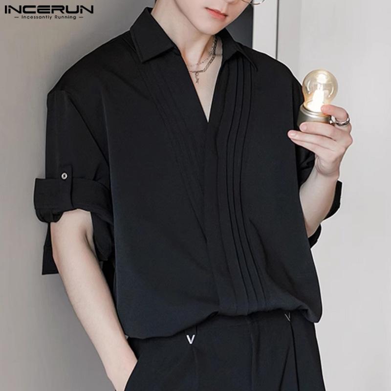 INCERUN Мужские рубашки с коротким рукавом и складками, повседневные, с перекрестными бретелями спереди, однотонные топы