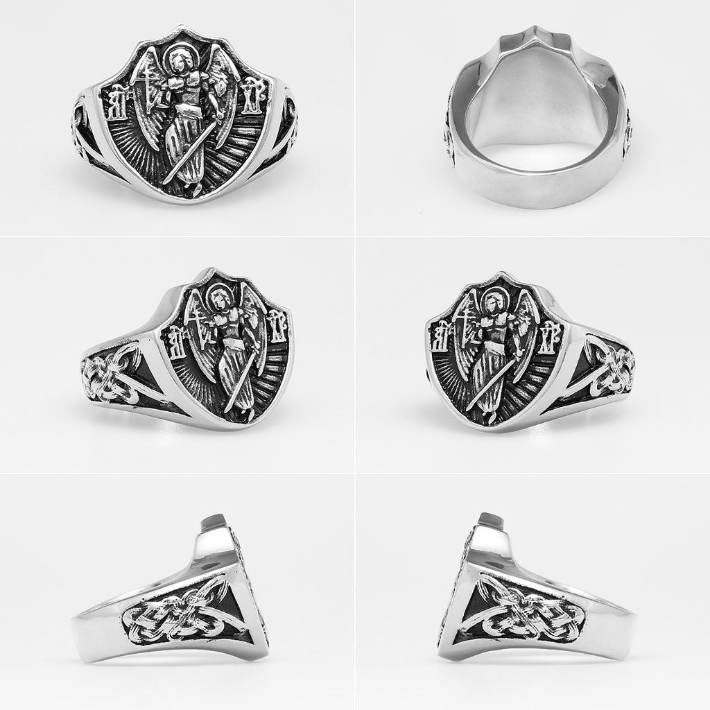 Archangel St.Michael Religion Amulet Stainless Steel Mens Rings Punk for Male Boyfriend Biker Jewelry Creativity Gift