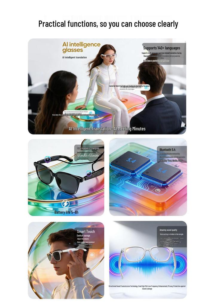 F66 AI Bluetooth Translation Glasses: Real-time 100+ Language Translation, Music & Calls Smart Eyewear