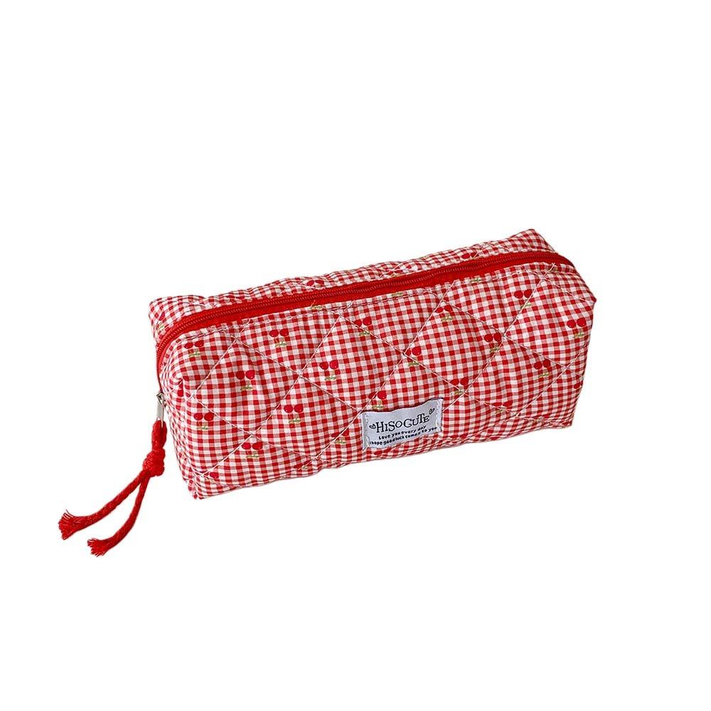Single Layer Korean Cherry Pencil Case Cute Design Cloth Plaid Pen Bag Student