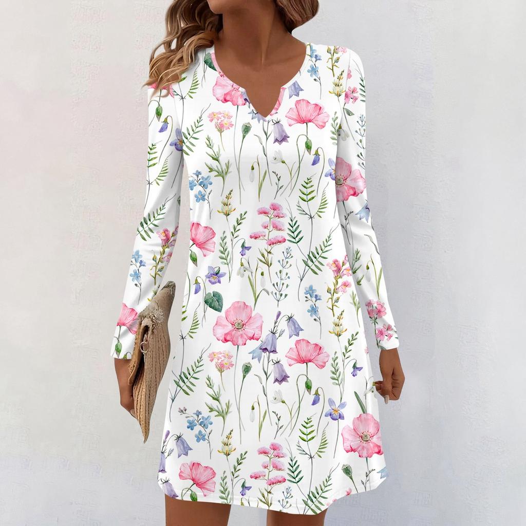 Women's Long-sleeved Casual Midi Dresses V-Neck Print Casual Dress