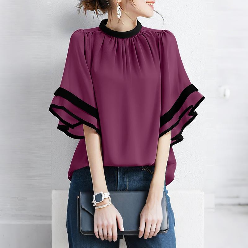 ZANZEA Женская повседневная блузка с круглым вырезом, свободного кроя, с оборками и короткими рукавами