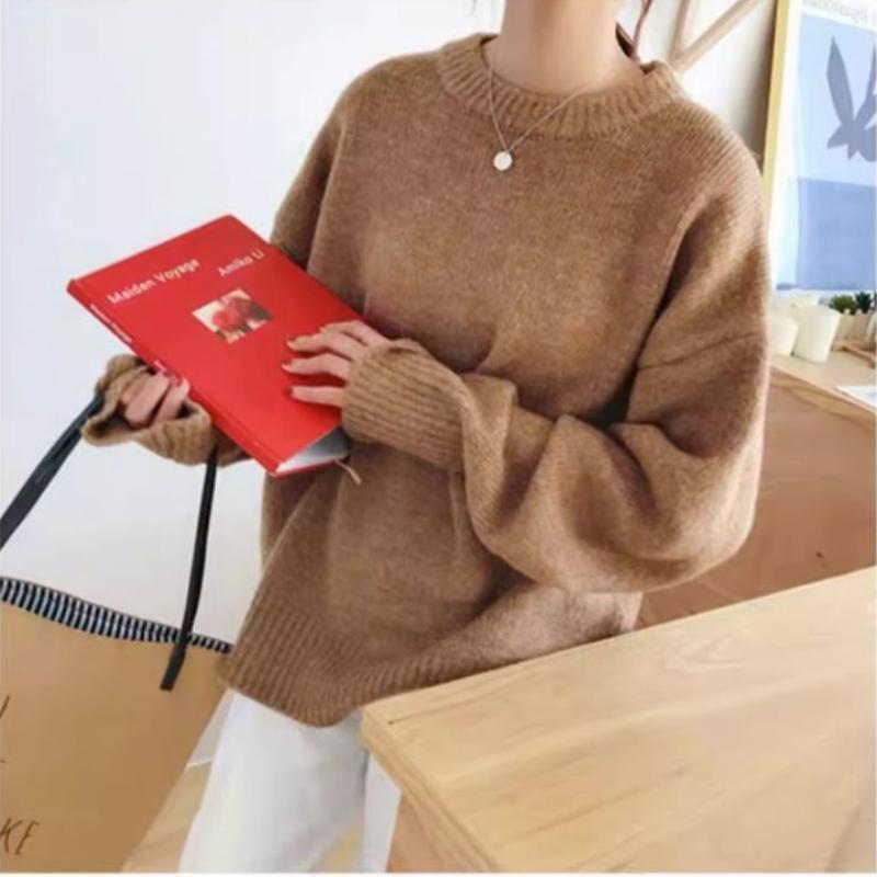 Autumn Winter Simplicity Loose Solid Color Knitwear Women Vintage Office Lady Sweater All-match Casual Knitting Tops