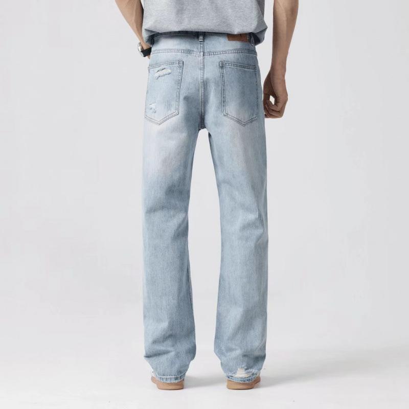 Ruffian handsome men's summer trend personality hole design high street jeans light luxury retro washed small straight pants men