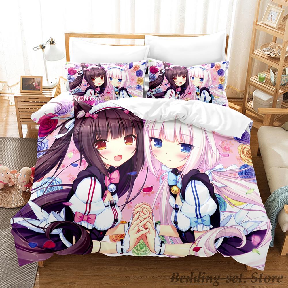 Каваий комплект постельного белья Nekopara Односпальный Полуторный Двуспальный Кинг-сайз Комплект для кровати Взрослый Детский Спальня Комплекты пододеяльников Аниме Parure De Lit Bed