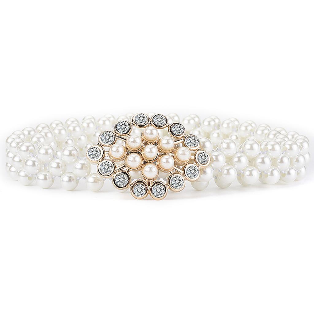 Elegant Adjustable Waist Accessory Elegant Pearls Waist Belt with Rhinestones Accent Stylish Waistband Adornment