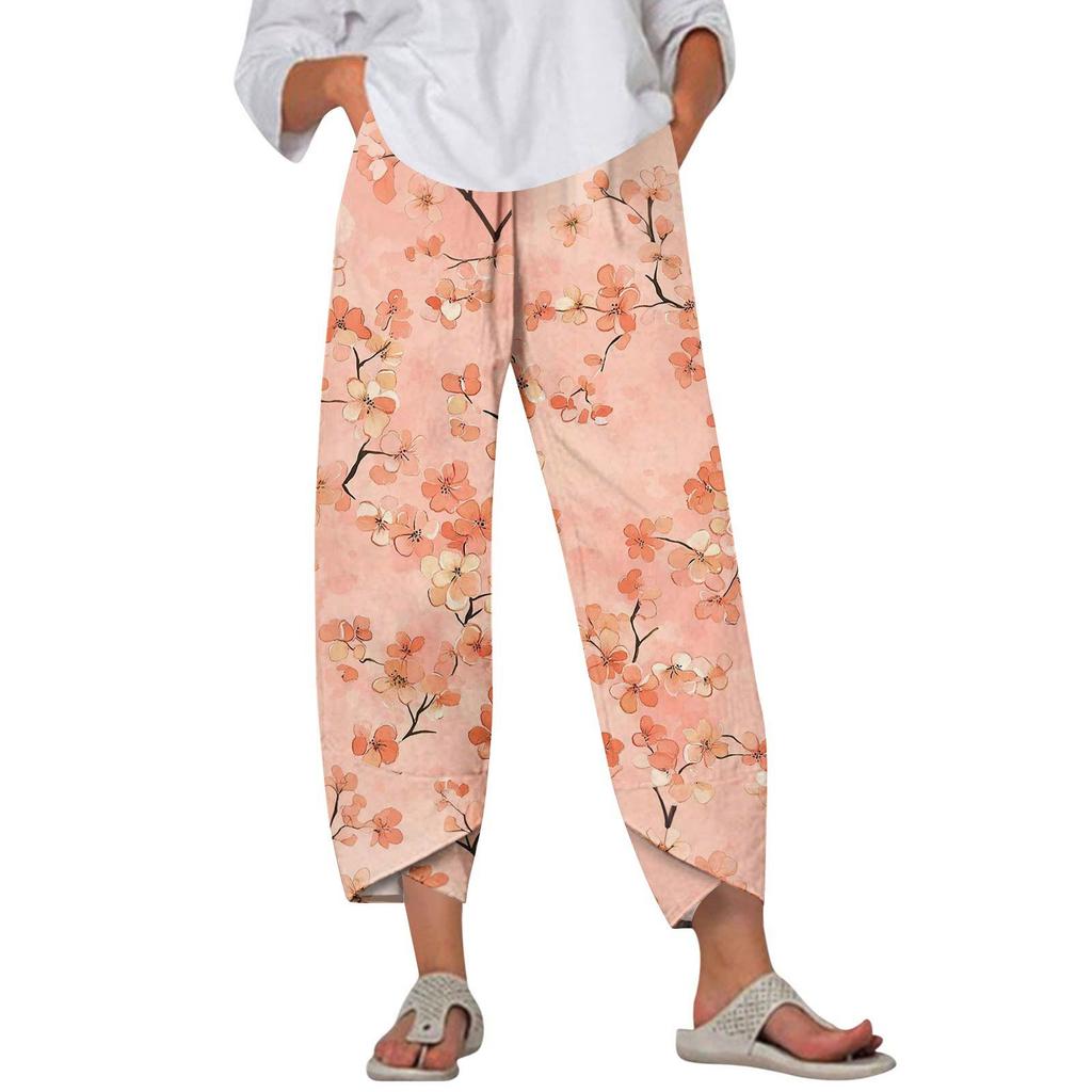 Брюки женские летние повседневные широкие брюки с эластичной резинкой на талии и принтом с карманами