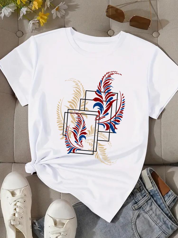 (Asian Size) Print Lovely Feather Style Cute Fashion Female Tee Top Women Clothing T Shirt Woman Short Sleeve Graphic T-shirts