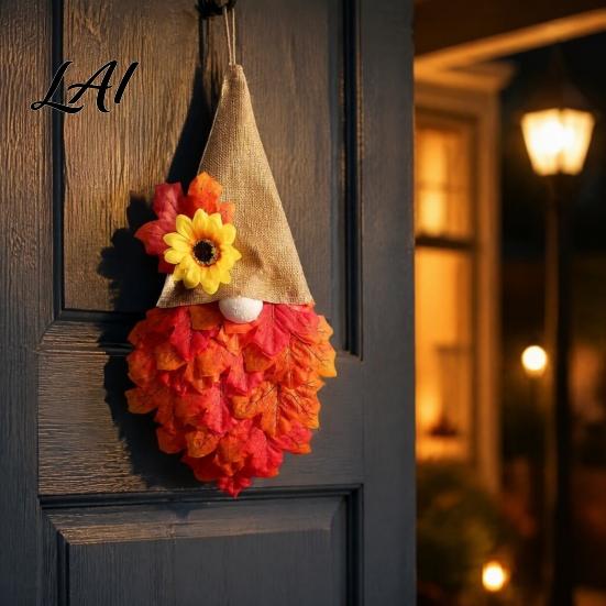 Illuminated Harvest Wreath Autumn Gnome Maple Leaf with LED Lights Rustic Pointed Hat Seasonal Porch Decoration Door Hanging Farmhouse Fall