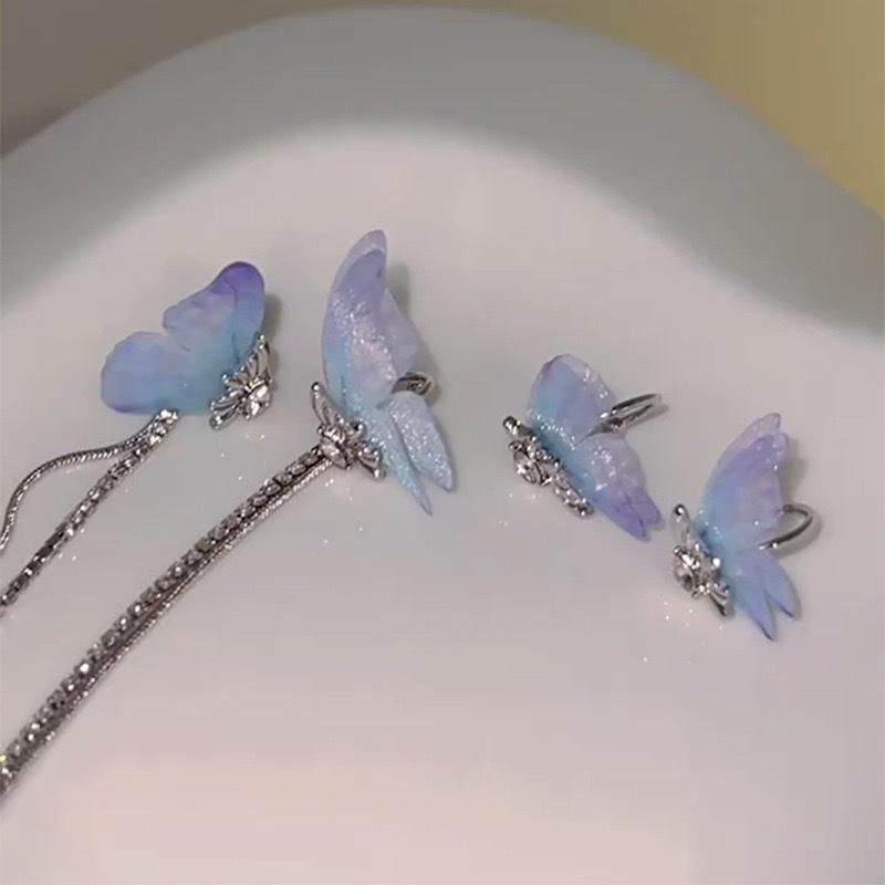 Серьги-клипсы с бахромой в виде фиолетовой бабочки, инкрустированные бриллиантами, нишевый дизайн, без проколов ушей, клипсы-косточки для ушей, серьги с характером и темпераментом эльфа.