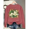New spring, autumn, and winter women's long-sleeve clothing T Shirt Top Fresh white and green floral print, round neck, machine washable,