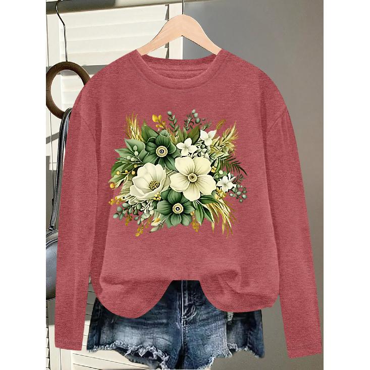 New spring, autumn, and winter women's long-sleeve clothing T Shirt Top Fresh white and green floral print, round neck, machine washable,