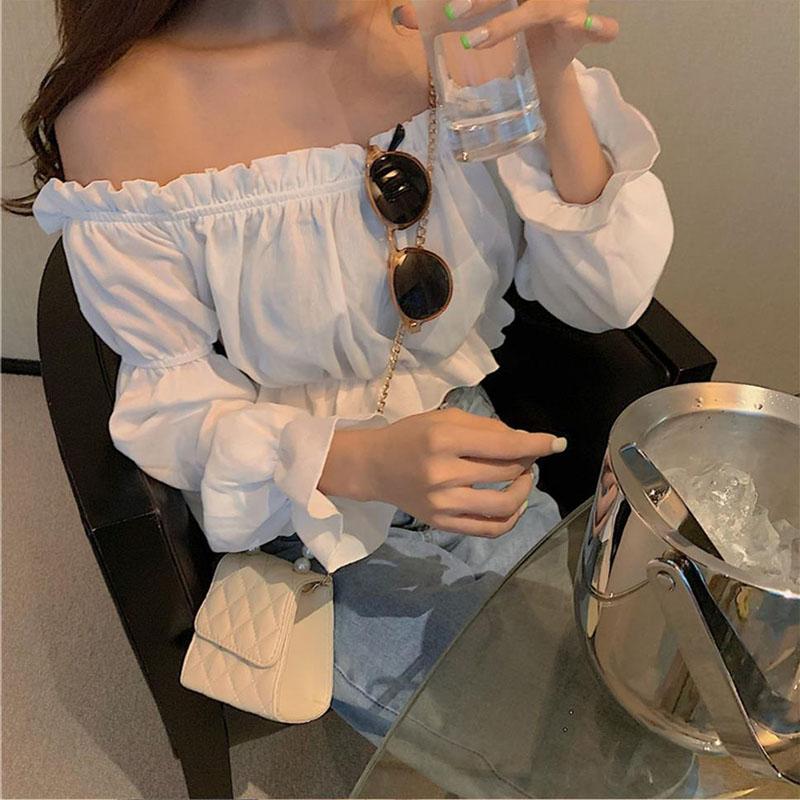 Slash Neck Sexy Off Shoulder Women's Short Top Pure Desire T-shirt Crop Top High Waisted Navel Exposed Puff Sleeve Korean Fashion Spring Autumn