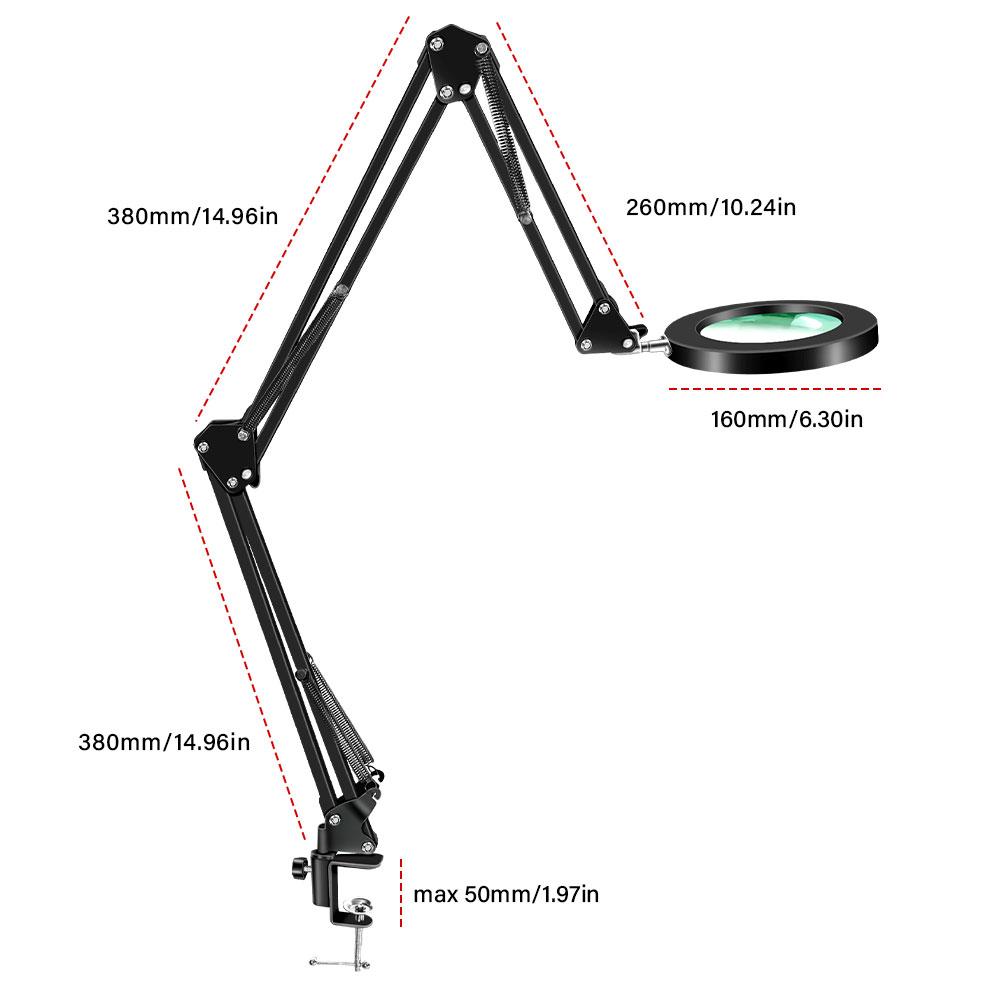 Three stage folding Magnifying Glass with Light and Clamp 3 Color Modes Stepless Dimmable Flexible Swing Arm 72 LED Desk Lamp