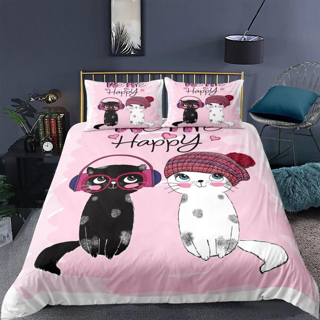 Cat Duvet Cover Set Digital Different Color Cartoon Cute Cat Bedding Set Bedclothes Double Queen King Size Polyester Qulit Cover