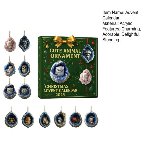 Геода Животное Адвент-календарь 2025 24 дня Календарь обратного отсчета с 2D акриловыми лесными кристальными пещерными животными, елочными украшениями