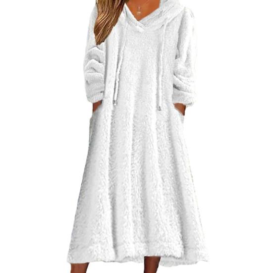Women Fuzzy Fleece Midi Dress Long Sleeve Warm Plush Dress Hooded Drawstring Sweatshirt Dress with Pockets