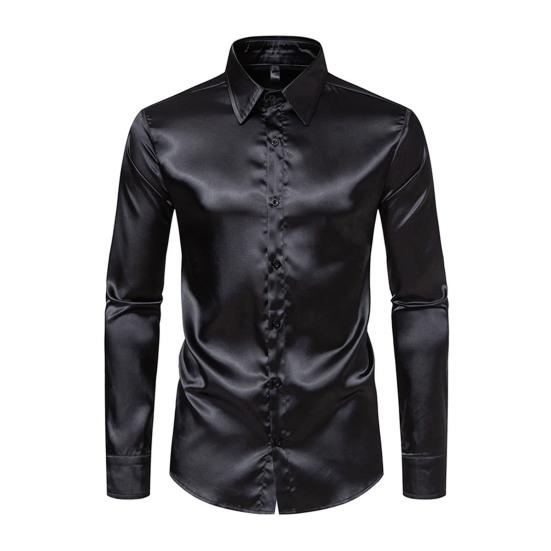 Men Dress Shirt Glossy Surface Satin Solid Color Turn-down Collar Button-down Mid Length Formal Busines Shirt Party Club Shirt