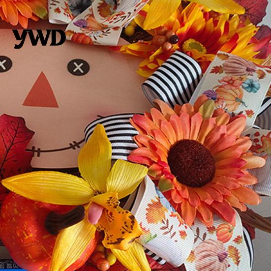 Decorative Harvest Party Supplies Artificial Autumn Scarecrow Wreath for Front Door, 15.7 Inch Sunflower Maple Leaf Indoor Outdoor Seasonal